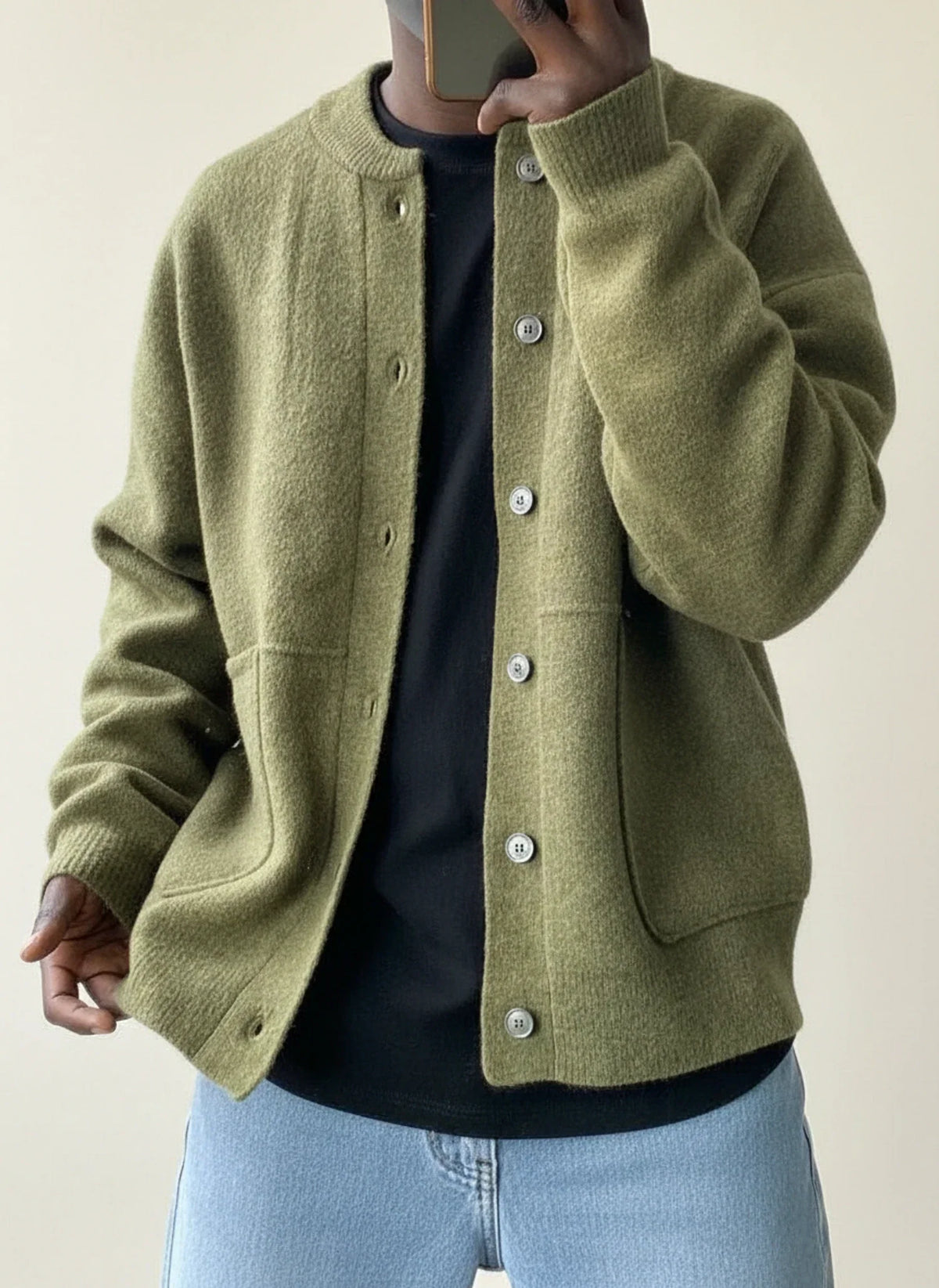 Dama Washington Cliff men's wool cardigan sweater sage green button front - front view