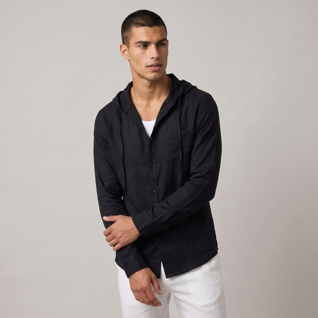 Dama Washington Ezra men's hooded linen shirt Classic Black - model front view