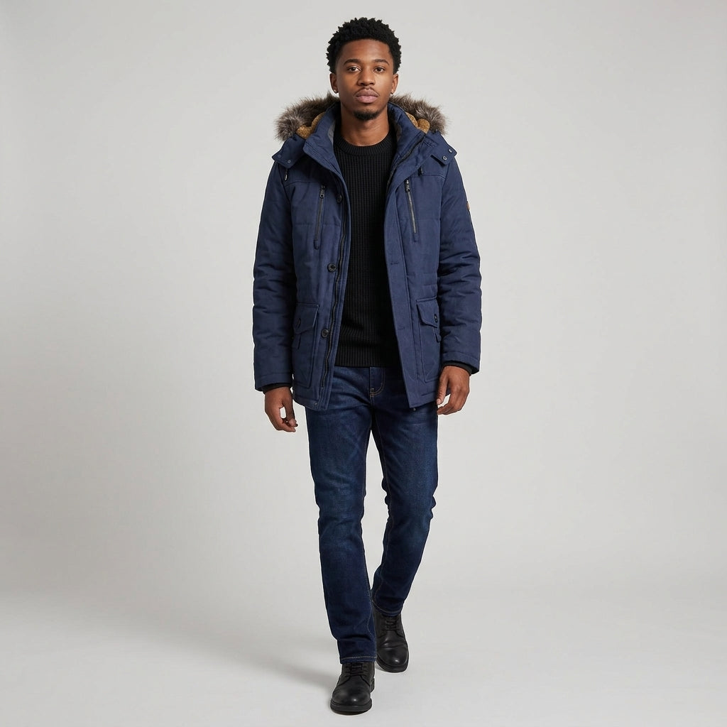 Dama Washington Bram fur hooded puffer parka Blue - full outfit model view