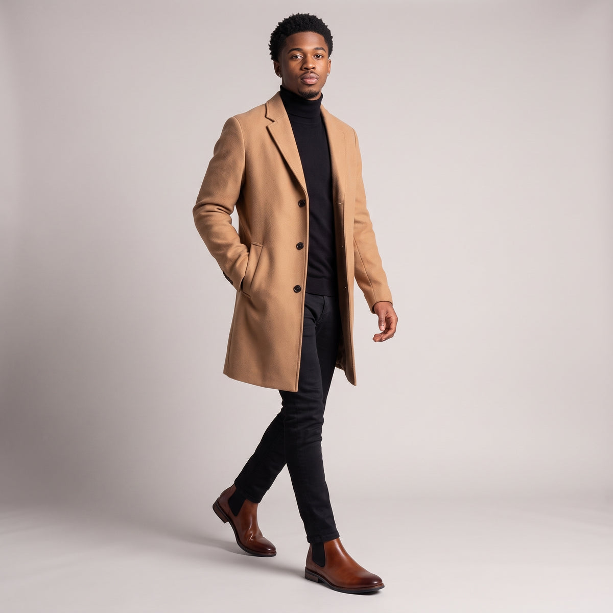 Dama Washington Kai men's leather Chelsea boot cognac black sole - full outfit model view