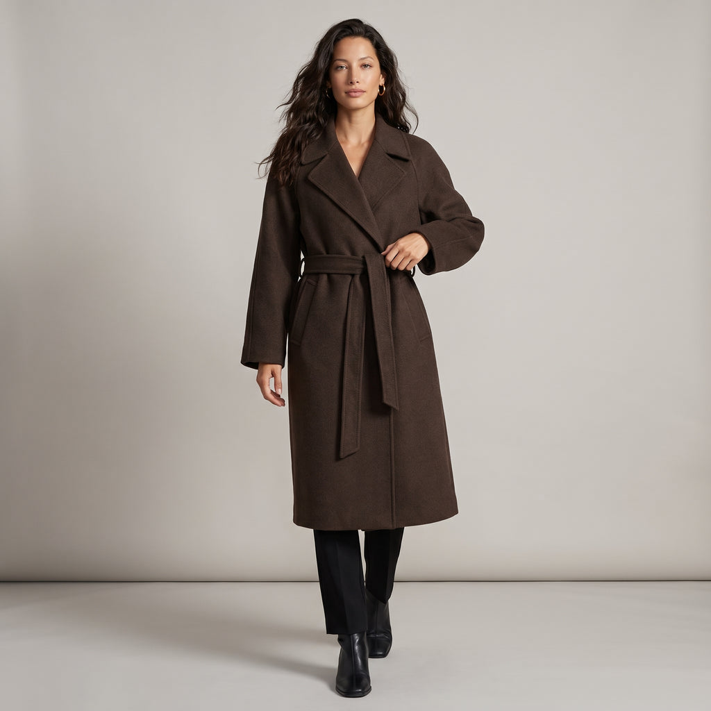 Dama Washington Lena women's wool coat brown belted long sleeve - model front view