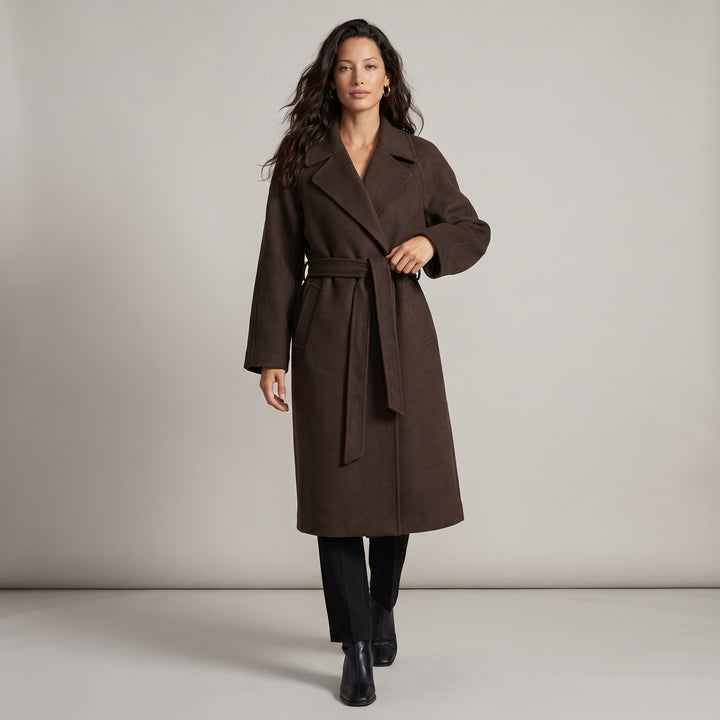 Dama Washington Lena women's wool coat brown belted long sleeve - model front view