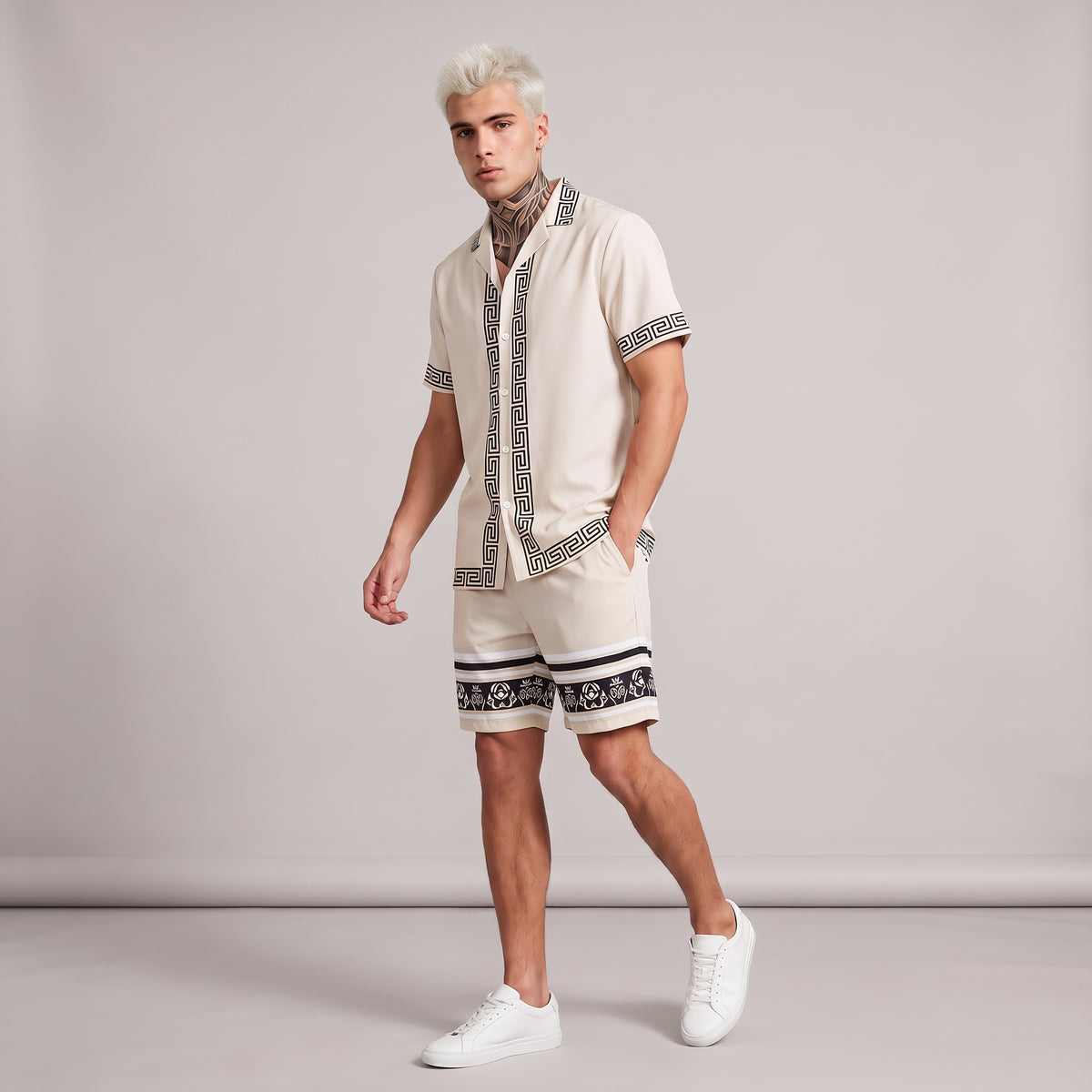 Dama Washington Axel men's sweatsuit cream greek key print short sleeve - model front view