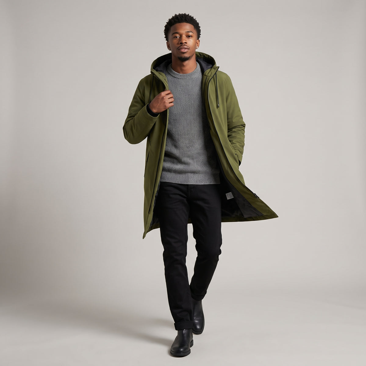 Dama Washington Greta men's waterproof long rain jacket olive green hooded - model front view