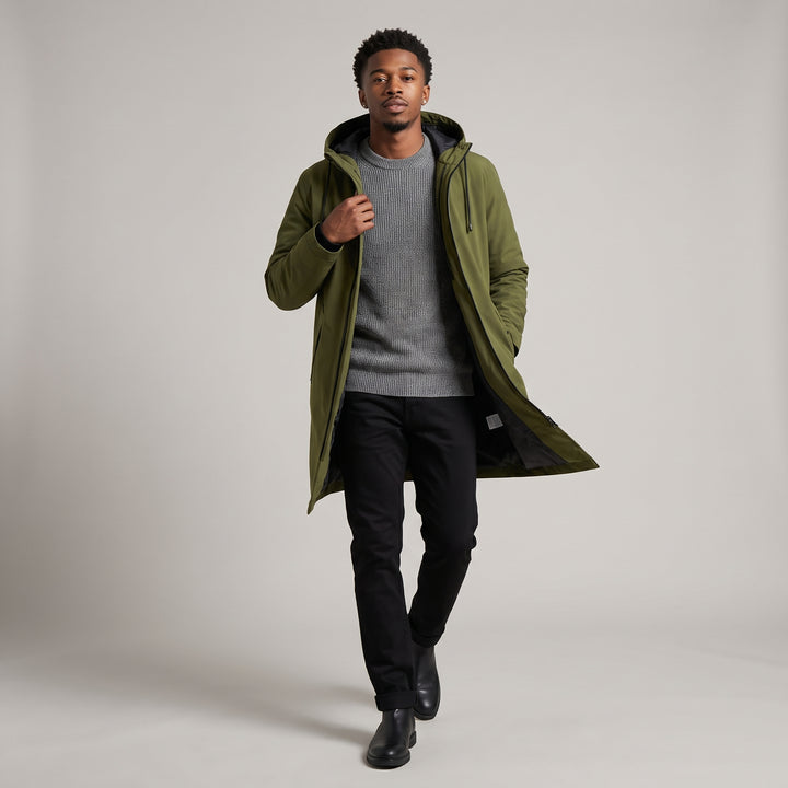 Dama Washington Greta men's waterproof long rain jacket olive green hooded - model front view
