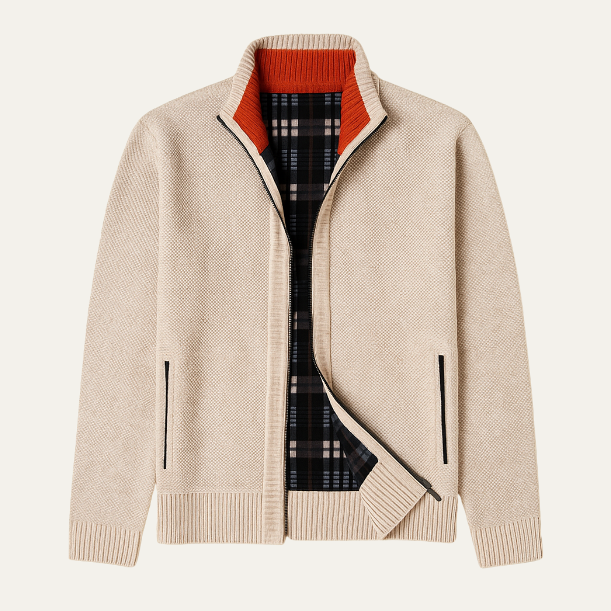 Beau | Men's Zip Up Cardigan Cream Knit Stand Collar