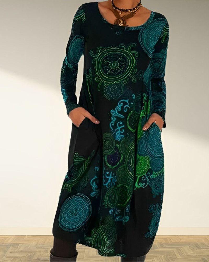 Opal | Women's Boho Maxi Dress Long Sleeve Black Green Print