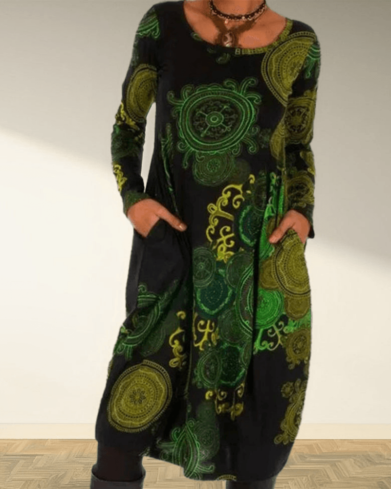 Opal | Women's Boho Maxi Dress Long Sleeve Black Green Print