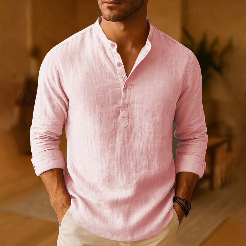 Leo | Men's Linen Henley Shirt Light Blue Long Sleeve
