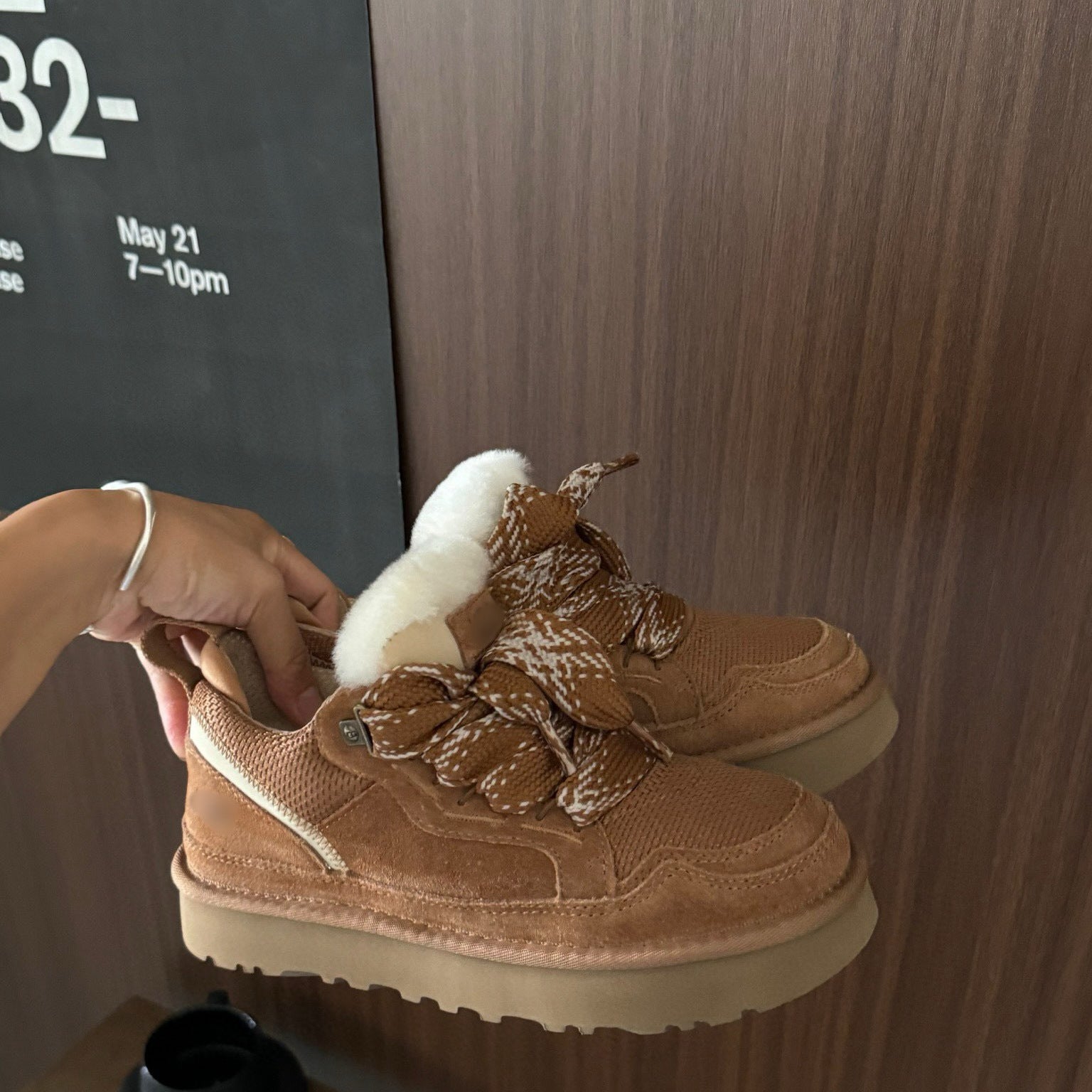 Neve | Women's Beige Platform Boots Lace Up Sherpa Collar