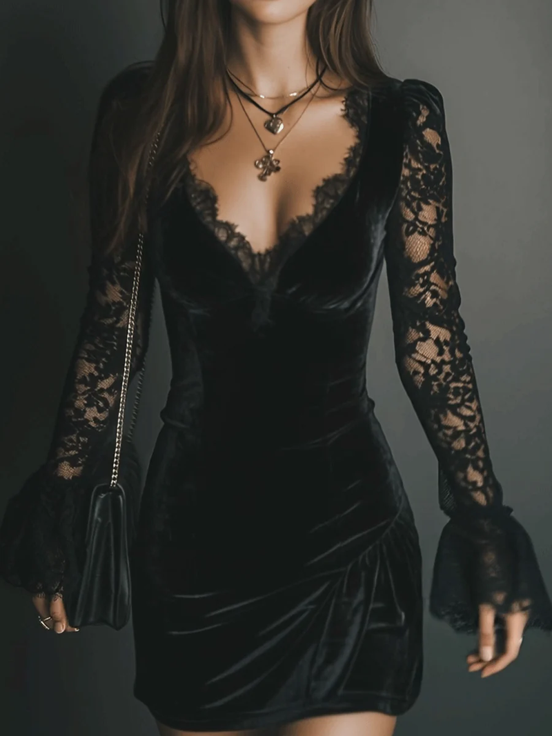Opal | Women's Velvet Lace Wrap Dress Black Long Sleeve