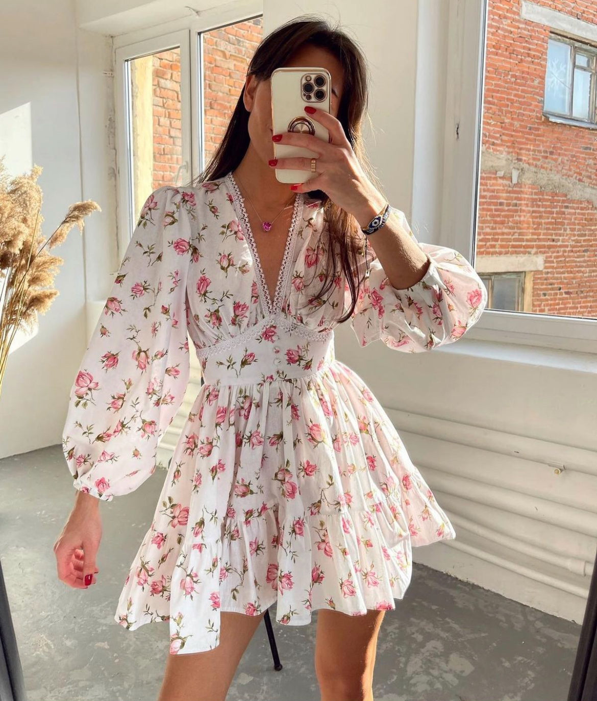 Neve | Women's Floral Midi Dress Puff Sleeve Cream V Neck