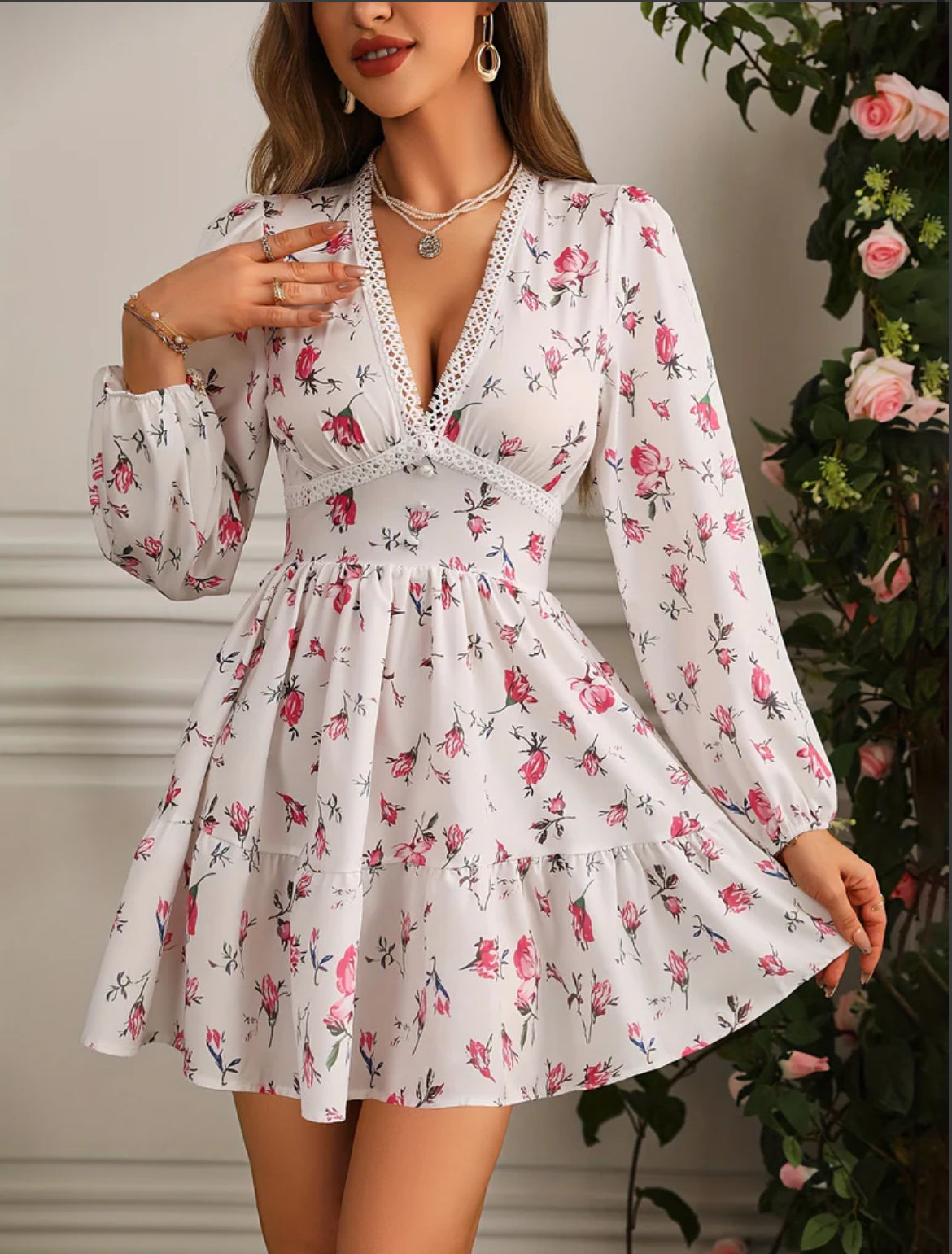 Neve | Women's Floral Midi Dress Puff Sleeve Cream V Neck
