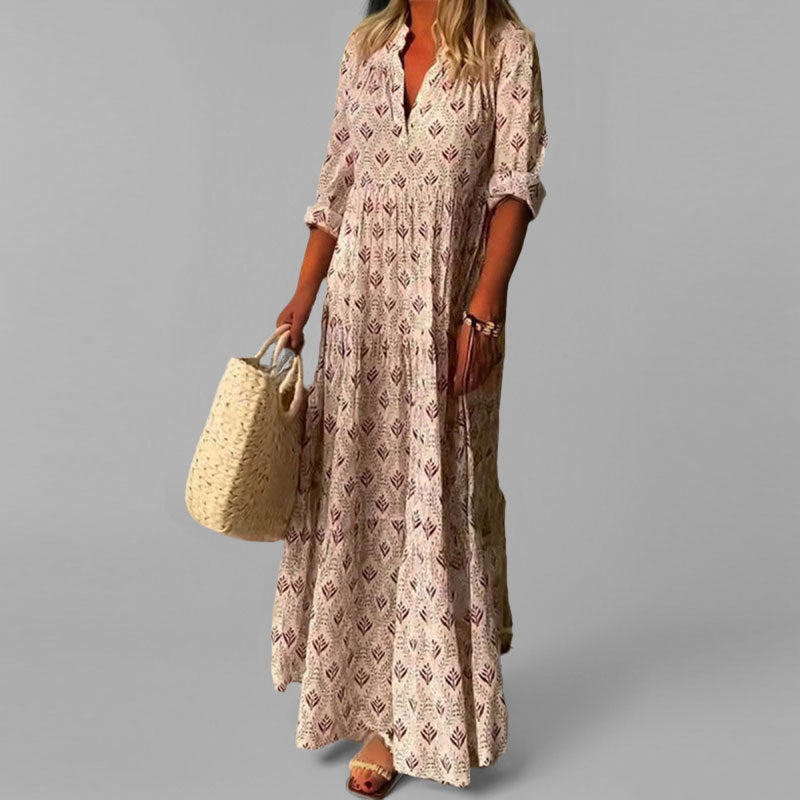 Margot | Women's Boho Maxi Dress Cream Geometric Print