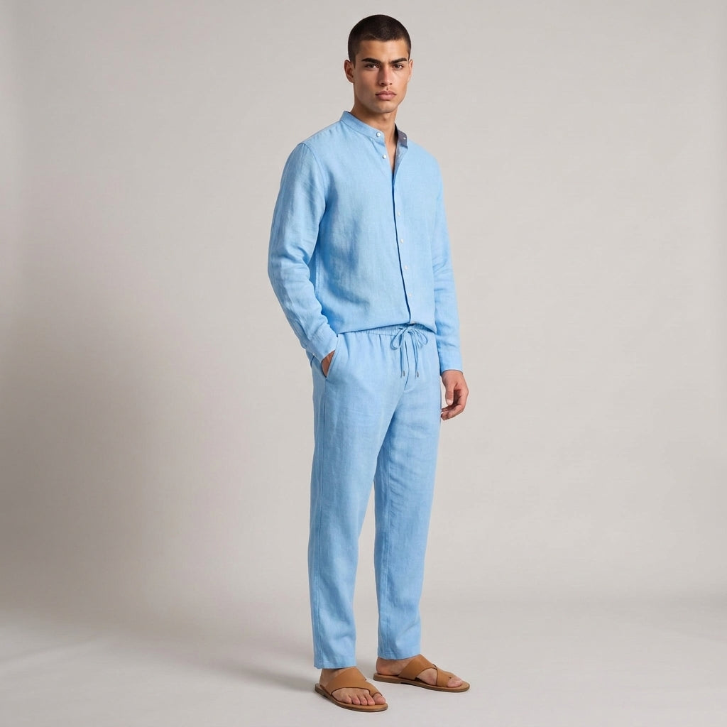 Dama Washington Rhys linen lounge set Sky Blue - full outfit model view