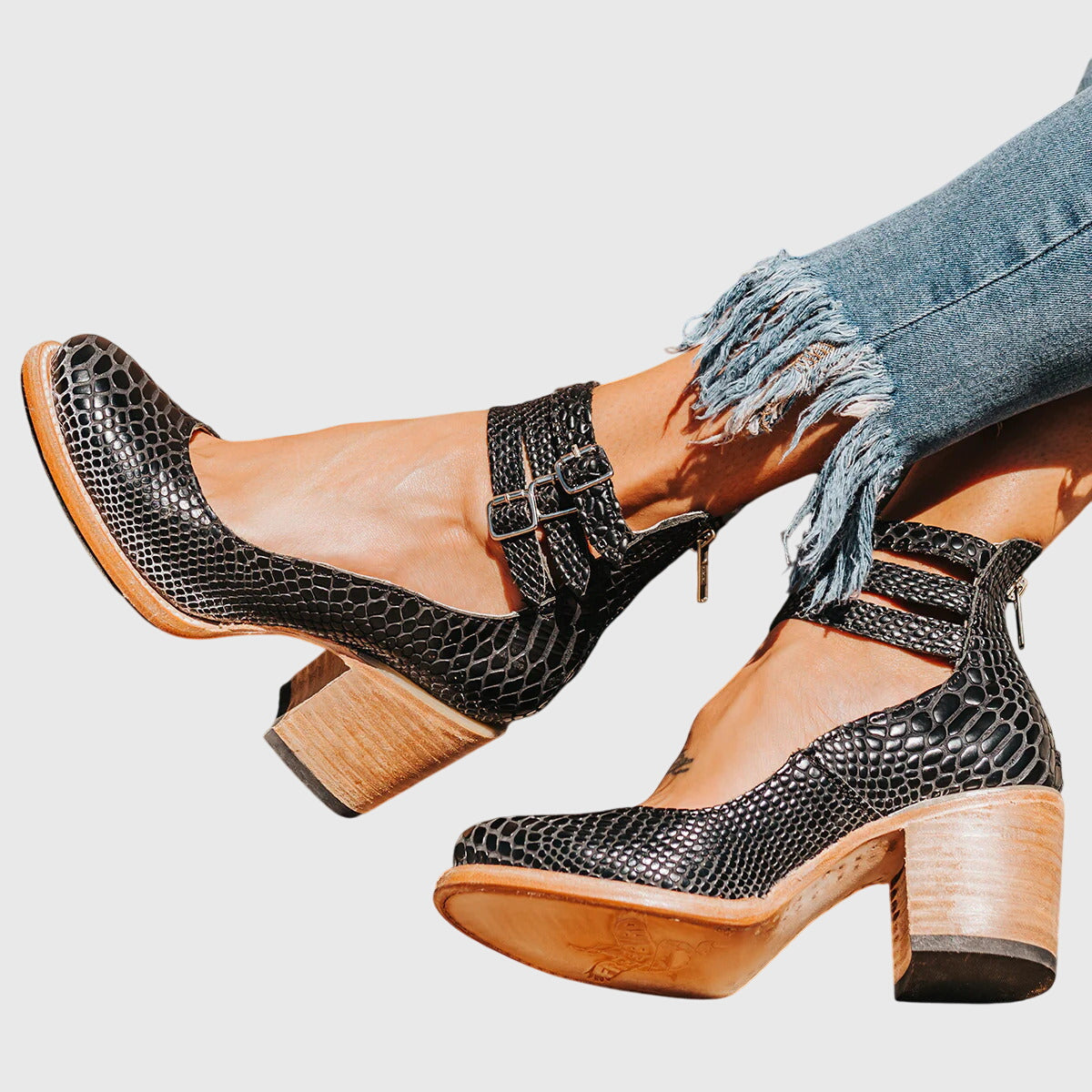 Rue | Women's Leather Block Heel Bootie Brown Buckle Strap