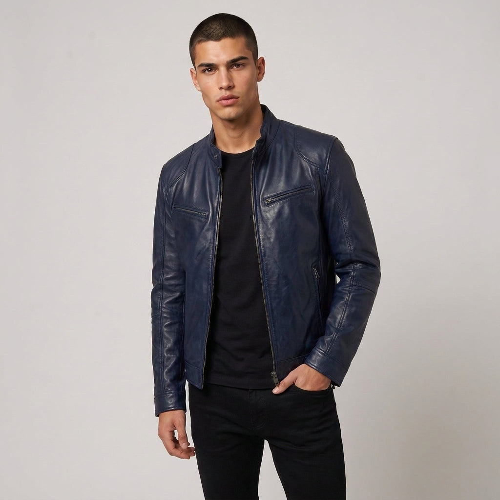 Dama Washington Beau zip up leather jacket Navy Blue - model front view