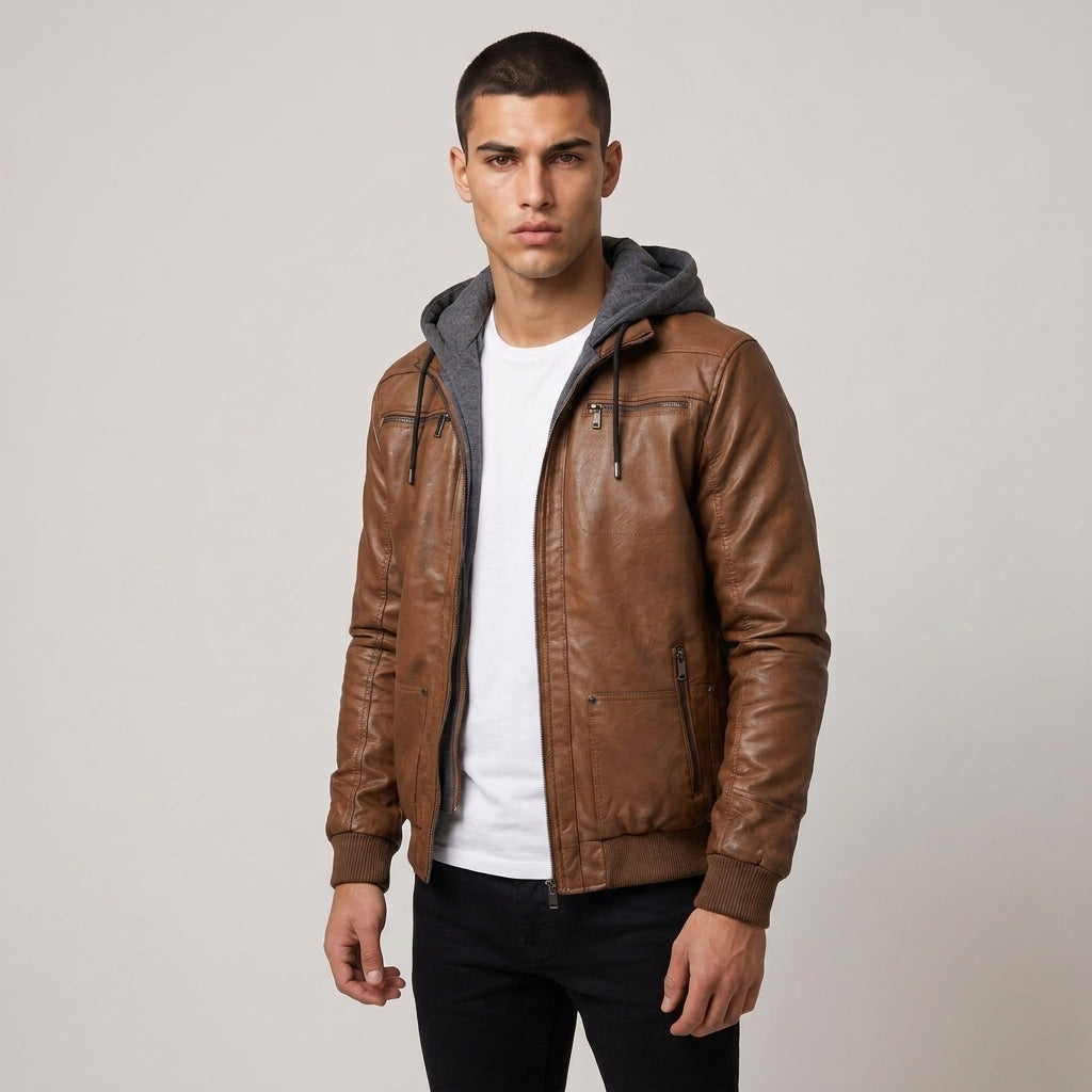 Dama Washington Voss hooded leather bomber jacket Brown - model front view