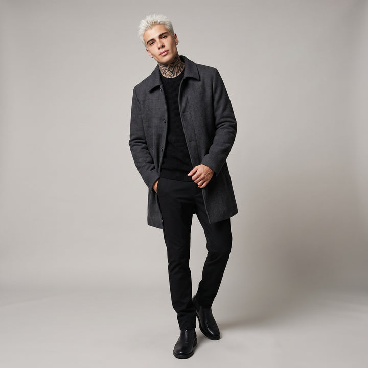 Dama Washington Jasper men's wool blend overcoat charcoal down insulated - model front view