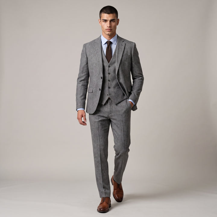 Dama Washington Jasper men's three piece tweed suit slim fit - model front view
