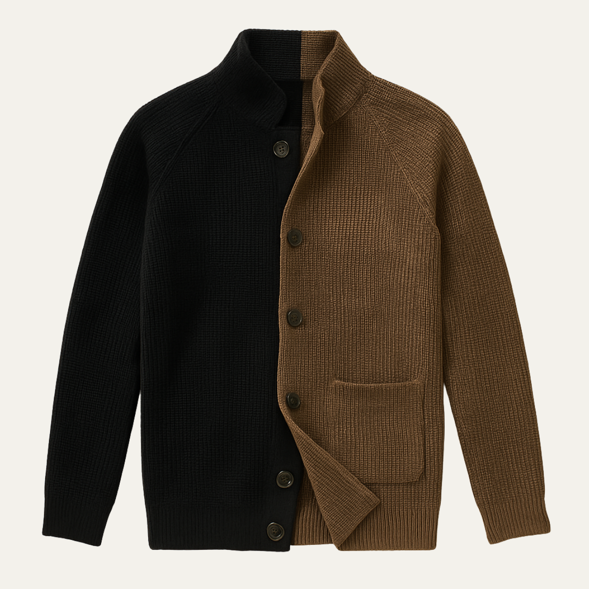 Beau | Men's Cardigan Beige And Black Waffle Knit Button Up