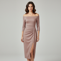 Dama Washington Neve women's off shoulder midi dress beige ruched - front view