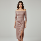 Dama Washington Neve women's off shoulder midi dress beige ruched - front view
