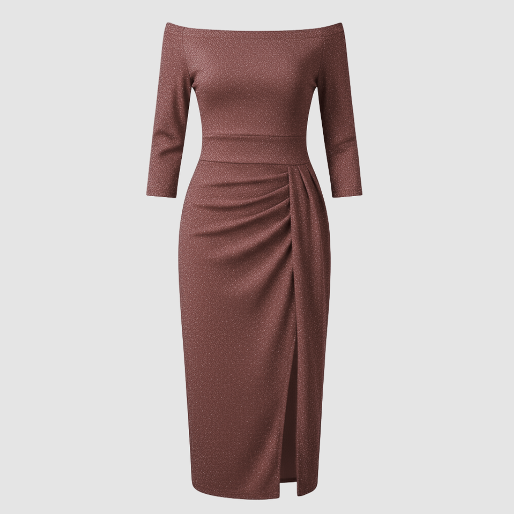 Dama Washington Neve women's off shoulder midi dress beige ruched - view 5