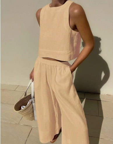 Lola | Women's Linen Two Piece Set White Cropped Tank Wide Leg