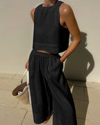 Dama Washington Lola women's linen two piece set white cropped tank wide leg - view 2