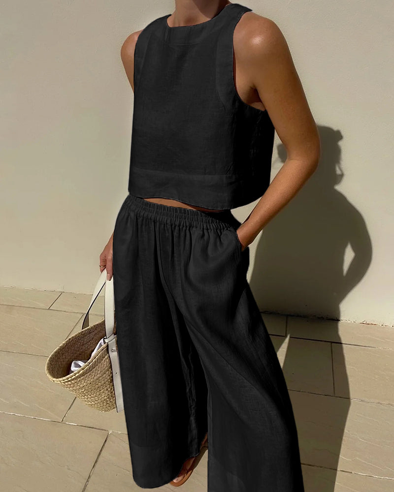 Lola | Women's Linen Two Piece Set White Cropped Tank Wide Leg