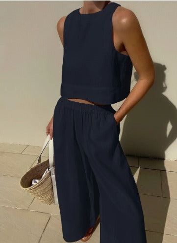 Lola | Women's Linen Two Piece Set White Cropped Tank Wide Leg
