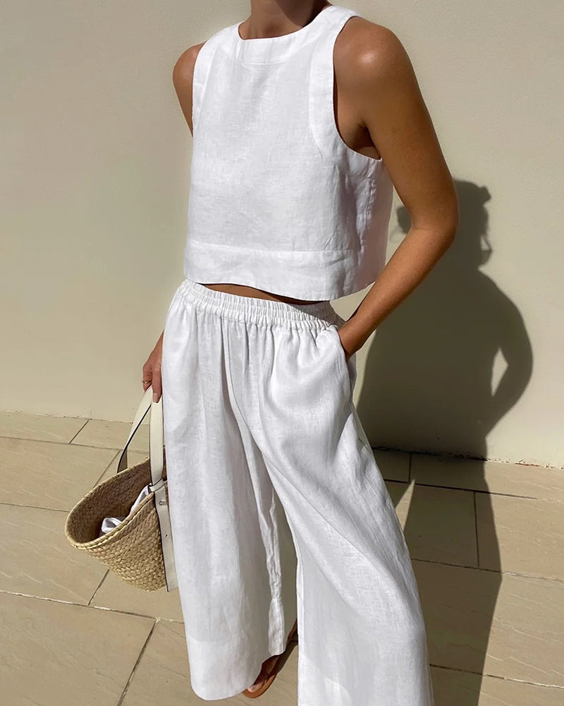 Lola | Women's Linen Two Piece Set White Cropped Tank Wide Leg