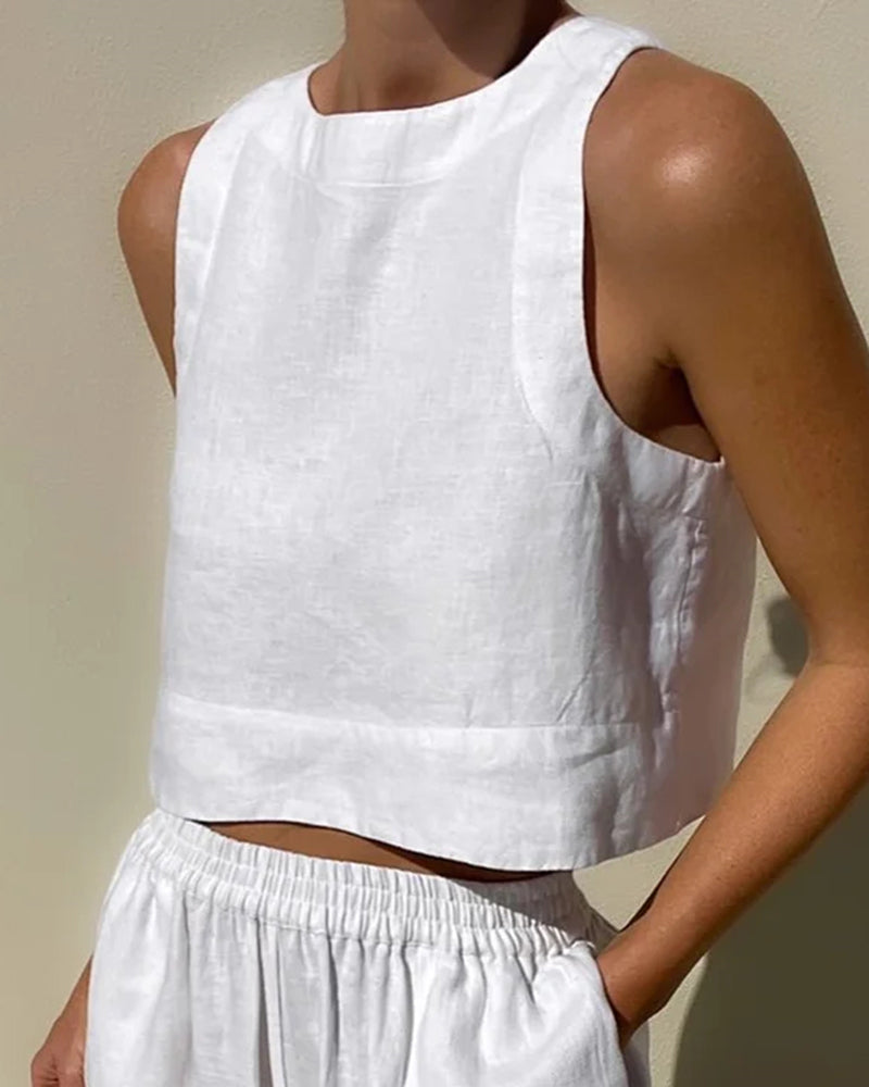 Lola | Women's Linen Two Piece Set White Cropped Tank Wide Leg
