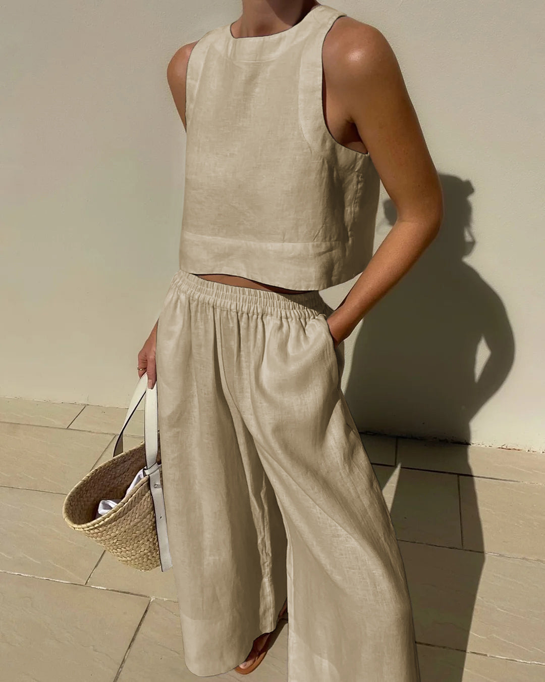 Lola | Women's Linen Two Piece Set White Cropped Tank Wide Leg