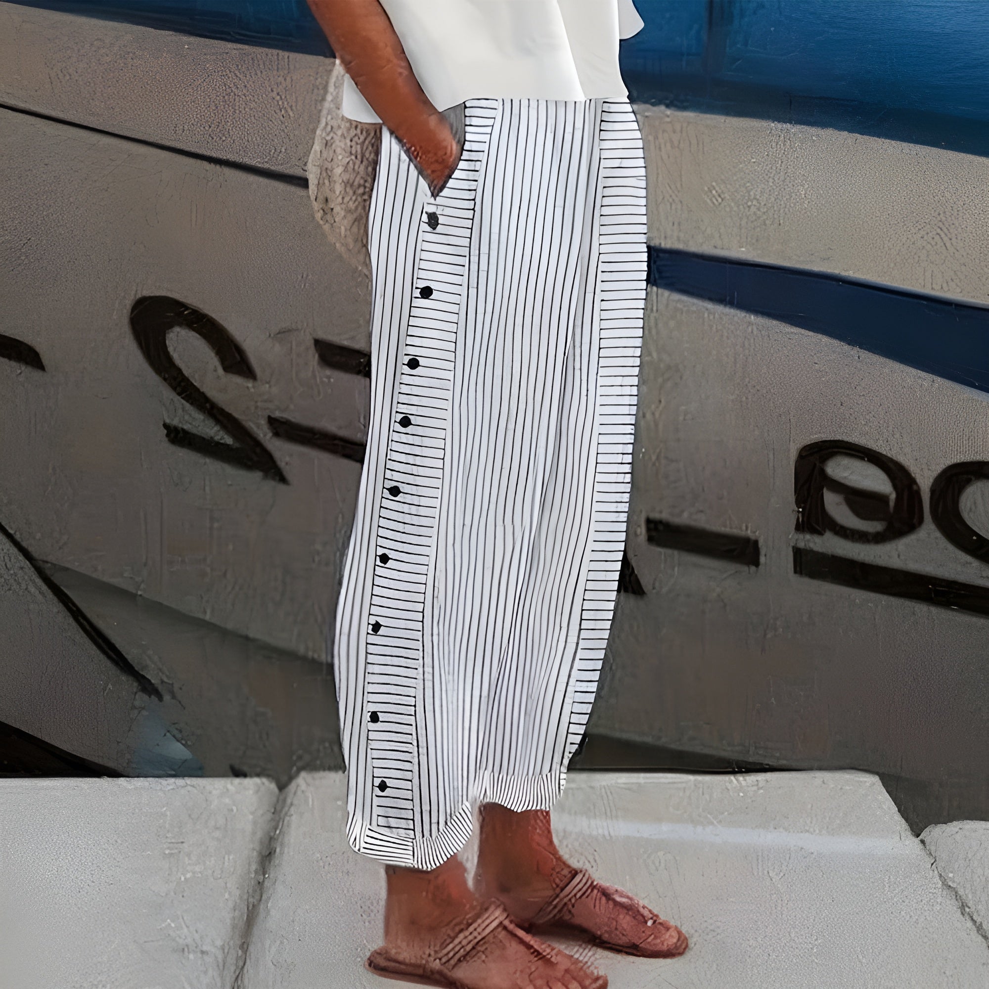 Margot | Women's High Waisted Wide Leg Pants Light Blue Striped