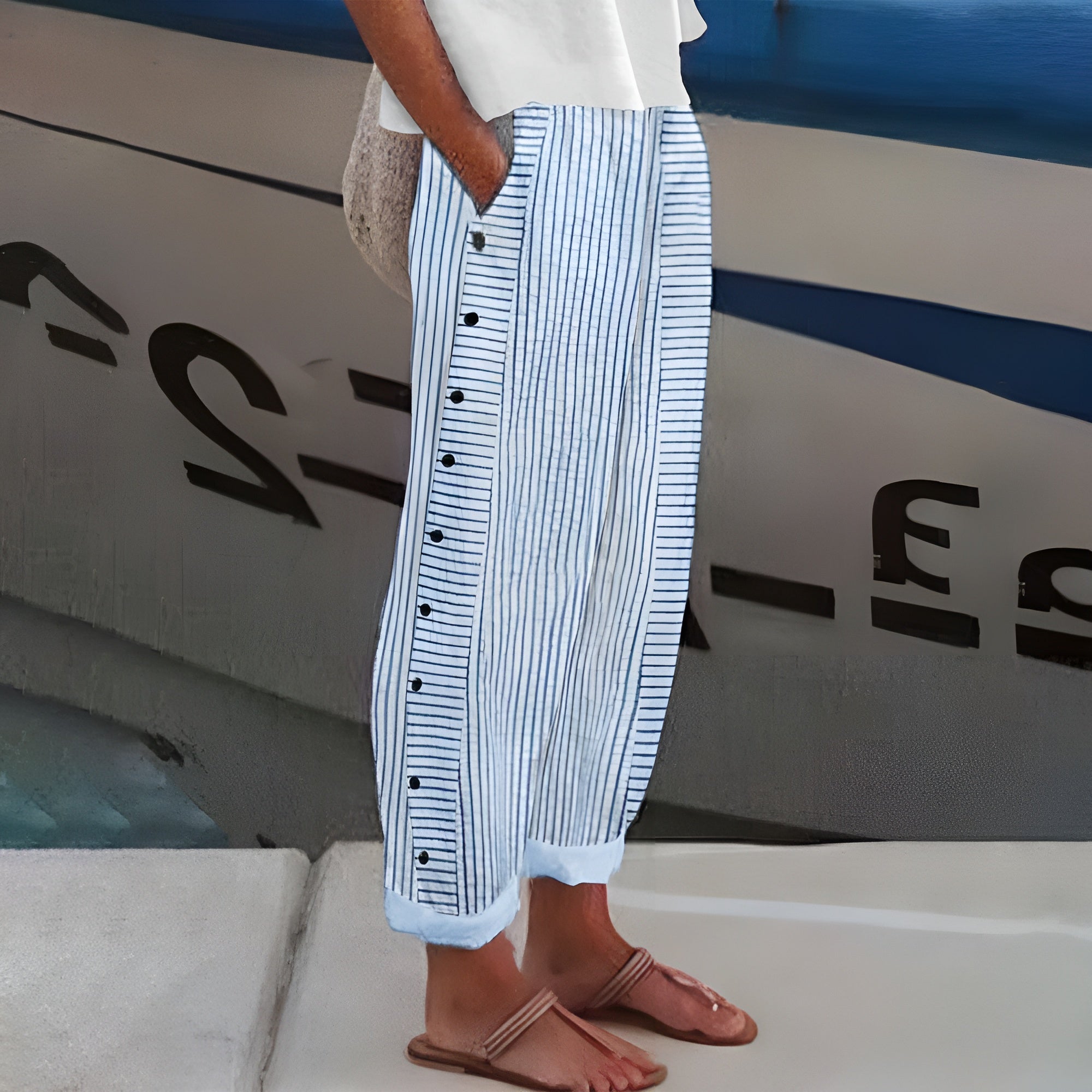 Margot | Women's High Waisted Wide Leg Pants Light Blue Striped