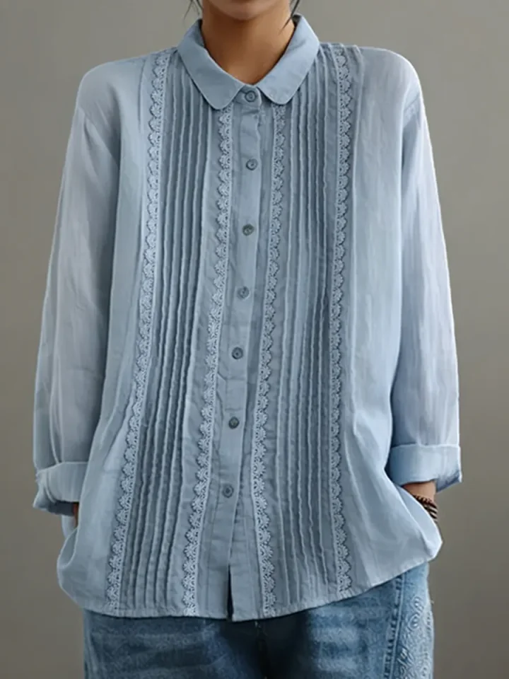 Gemma | Women's Pleated Lace Button Down Blouse Cream