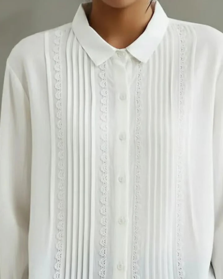 Gemma | Women's Pleated Lace Button Down Blouse Cream