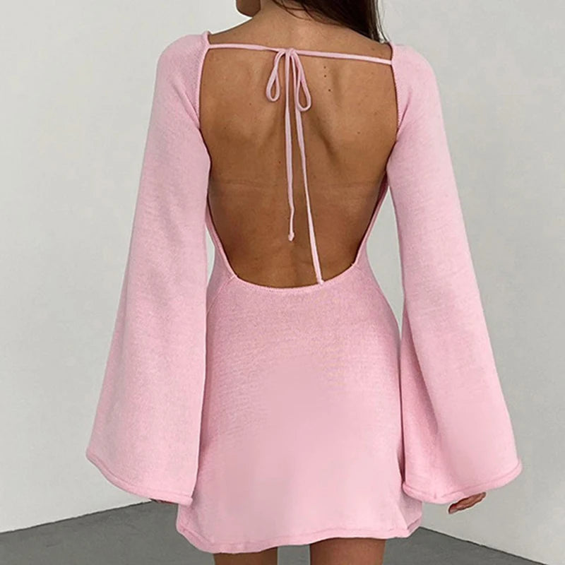 Opal | Women's Knit Sweater Dress Pink Bell Sleeve