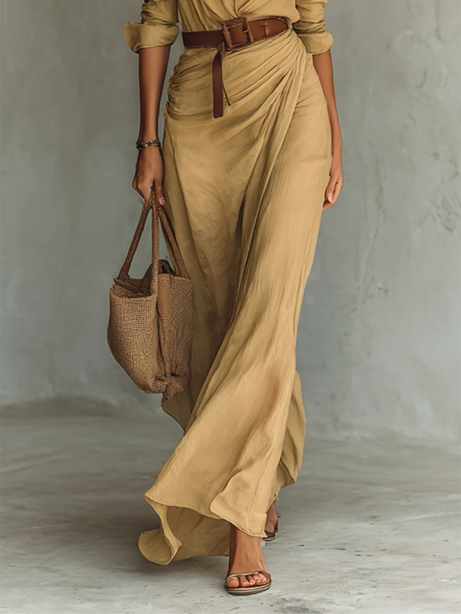 Margot | Women's Wrap Maxi Dress Cream Long Sleeve Belted