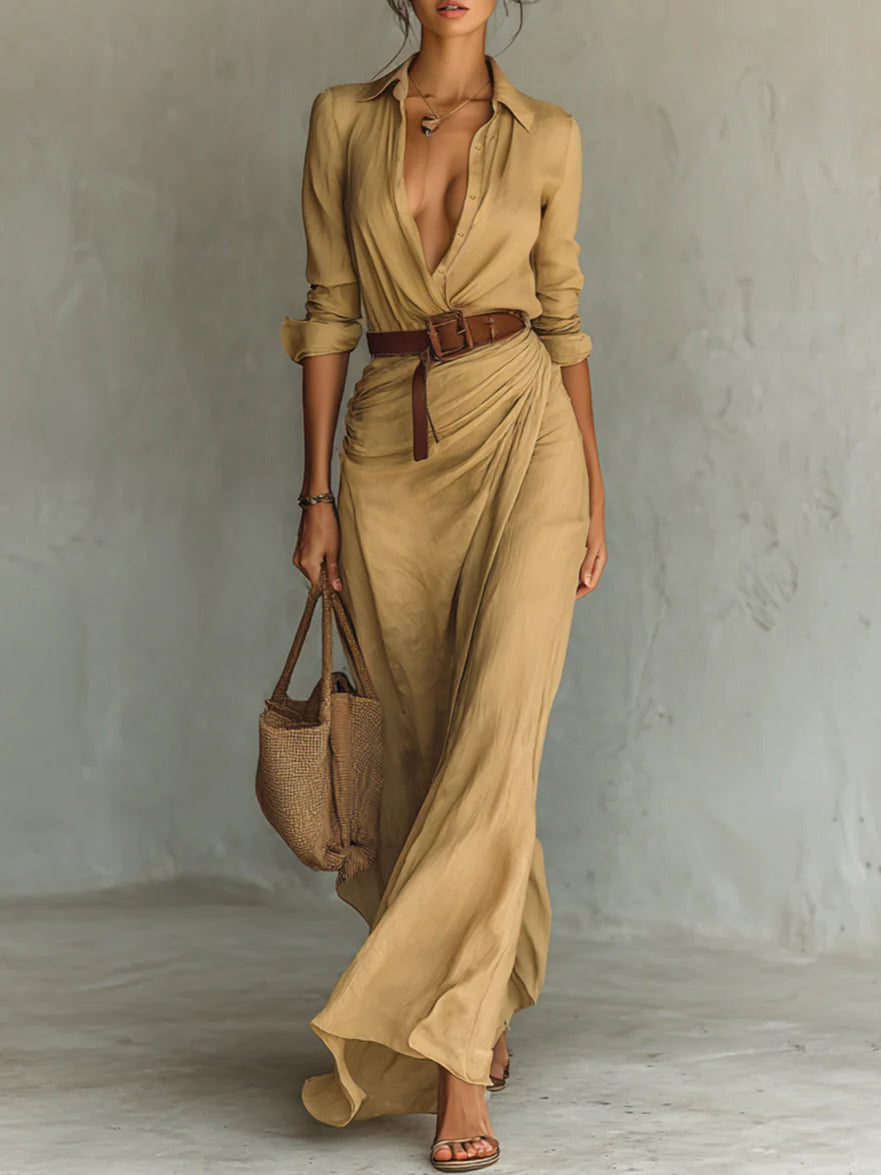 Margot | Women's Wrap Maxi Dress Cream Long Sleeve Belted