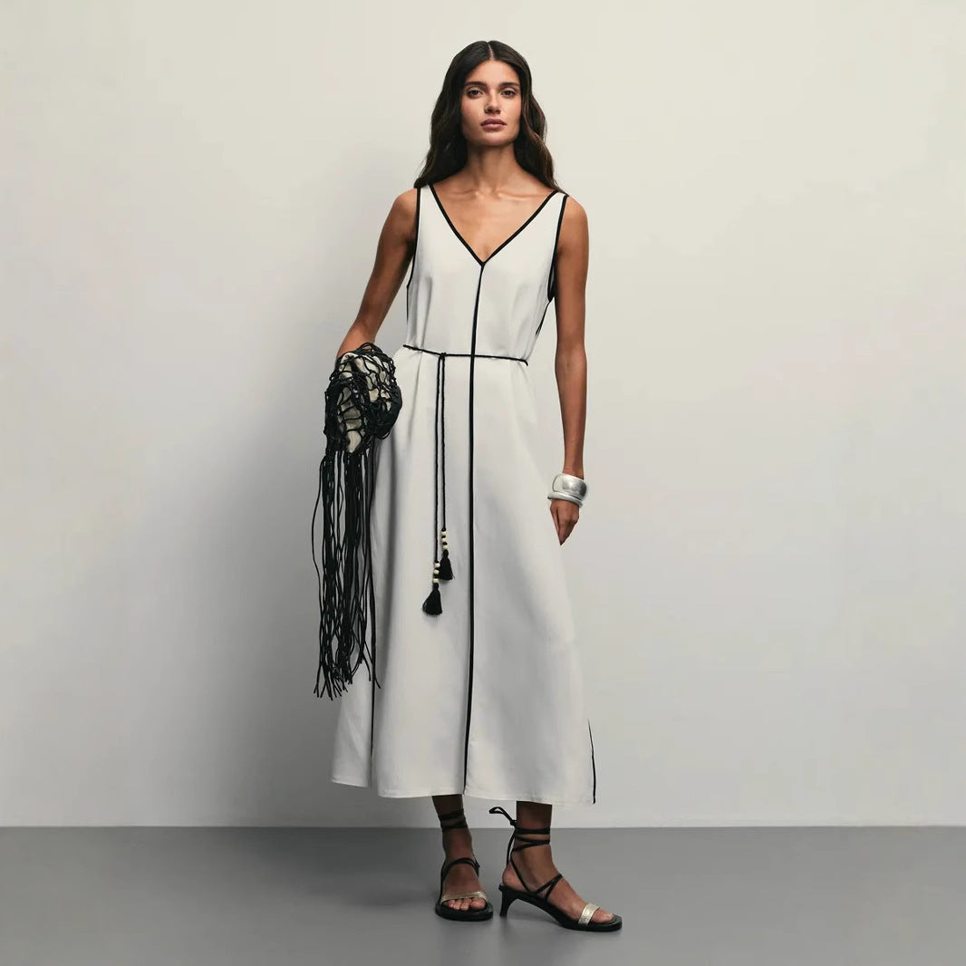 Margot | Women's V Neck Midi Dress Cream Black Trim Sleeveless
