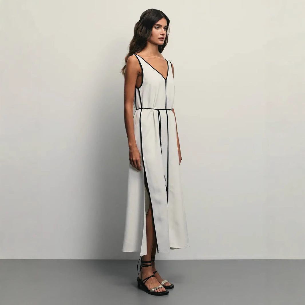 Margot | Women's V Neck Midi Dress Cream Black Trim Sleeveless