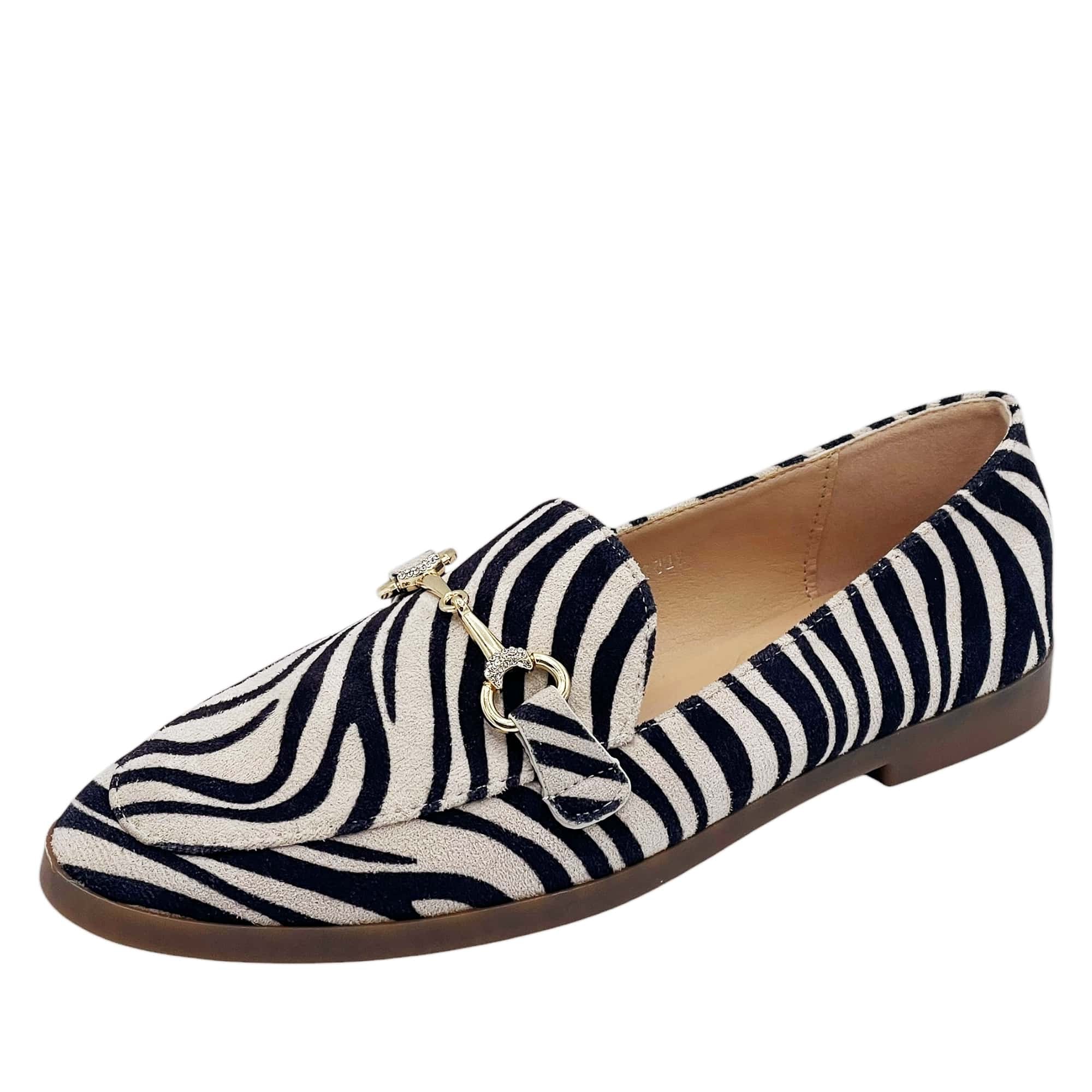 Opal | Women's Zebra Stripe Loafer Cream Navy Gold Hardware