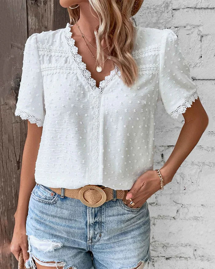 Fleur | Women's Lace V Neck Blouse Cream Puff Sleeve
