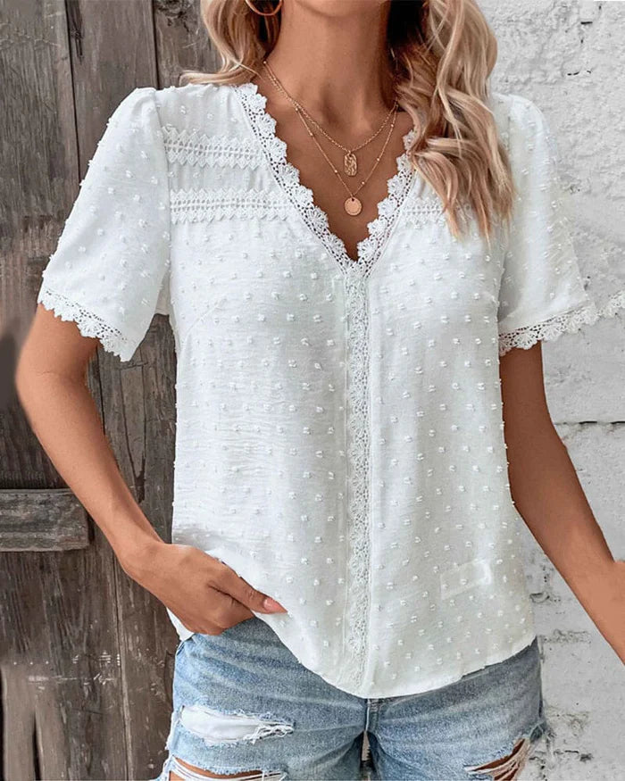 Fleur | Women's Lace V Neck Blouse Cream Puff Sleeve