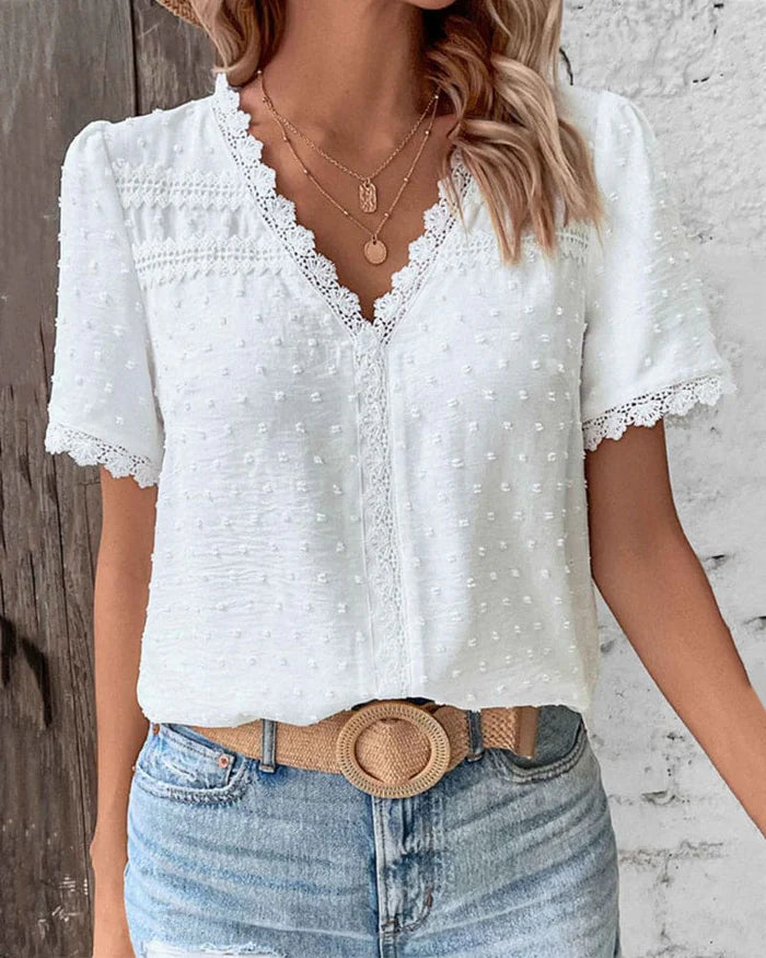 Fleur | Women's Lace V Neck Blouse Cream Puff Sleeve