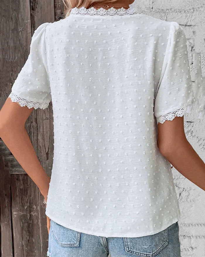 Fleur | Women's Lace V Neck Blouse Cream Puff Sleeve
