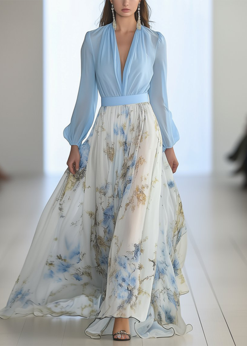 Aria | Women's Floral Maxi Dress Light Blue Long Sleeve